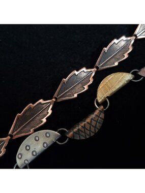 Vintage Bracelet Lot of 2 Copper Leaf Mixed Metal Link 7-7.5" Artsy Boho